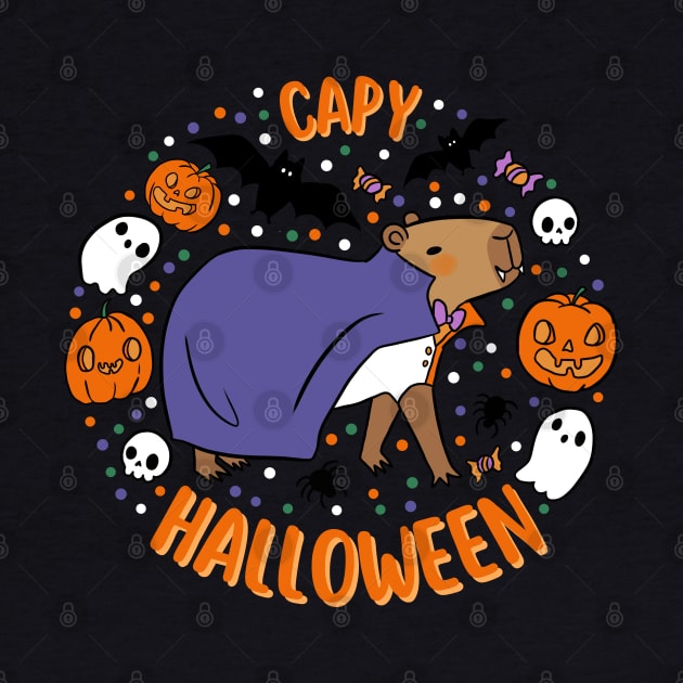 Happy Halloween a cute capybara wearing a vampire costume by Yarafantasyart